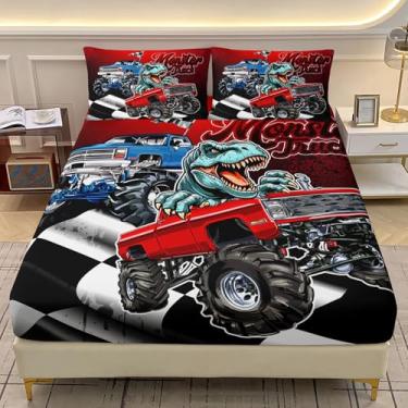 Imagem de AILONEN Jogo de lençol solteiro Monster Trucks, caminhonete azul e vermelho de dinossauro, tamanho solteiro, preto e branco, 1 lençol com elástico, 2 fronhas, 3 peças, microfibra macia