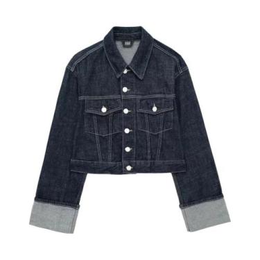 Imagem de Jaqueta Jeans Feminina Vintage Azul Escuro - Manga Longa com Bolsos, B