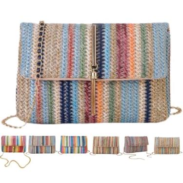 Imagem de VTYFRY Bolsas transversais de palha para mulheres, moda moderna, borla, decorada, verão, praia, casual, padrão listrado, bolsa de ombro com aba, Azul claro, Large