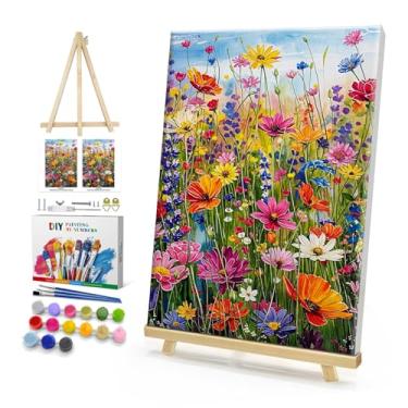 Imagem de HeeBenor Kit de pintura emoldurada por números para adultos, pintura de flores por número com cavalete, kit de pintura a óleo acrílica floral DIY, kits de pintura por números para adultos tela