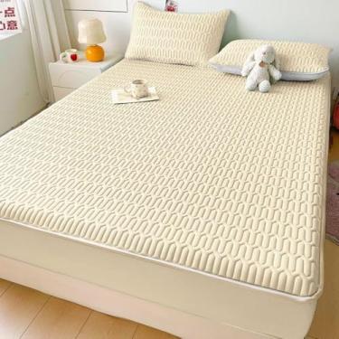 Imagem de Protetor de colchão à prova d 'água, adequado para a pele, ajuste fácil, almofada macia, protege com tiras elásticas, cor sólida, lavável, capa de cama, capa de cama respirável, bege, 180 x 200 cm
