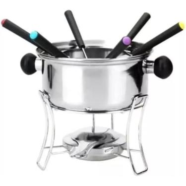 Imagem de Kit Fondue Completo 10 Peças em Aço Inox 1L, 6 Garfos Coloridos, Suporte e Queimador, Serve Até 6 pessoas por Porção. (CAT12135)