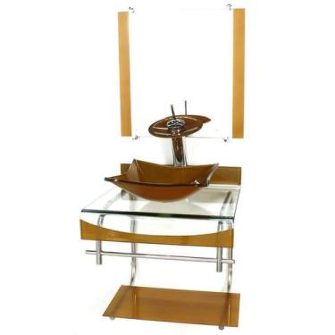 Imagem de Gabinete de vidro 40cm para banheiro curvado duplo inox cuba quadrada 