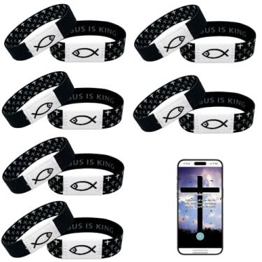 Imagem de 6 pulseiras diárias com versículo da Bíblia, pulseira Jesus Cristã com NFC Scan, pulseira vestível com versículos bíblicos, pulseira elástica cristã para mulheres, homens e adolescentes, One Size,