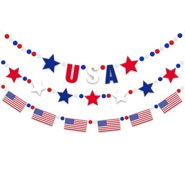 Imagem de Doumeny 3 peças, faixa de feltro de 4 de julho, faixa de guirlanda dos EUA com bandeira americana de feltro para pendurar bandeira do dia da independência, guirlanda de festa do dia da independência