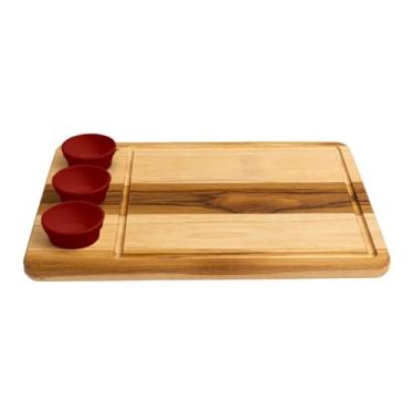 Imagem de Tábua Corte Retangular 30x19cm Madeira Churrasco 2 Ramequins Molheira Linha Premium Designer (Vermelho, 40x29)