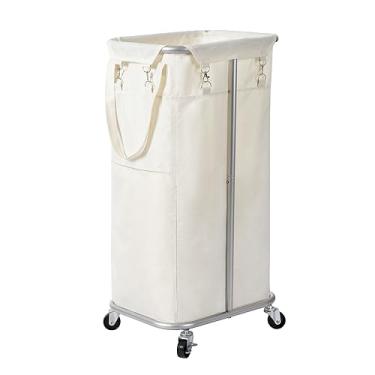 Imagem de WOWLIVE Cesto de roupa suja com rodinhas de 100 L, organizador de cesta grande, carrinho de lavanderia com moldura de aço e bolsa removível, cesto alto e dobrável, armazenamento para quarto (bege