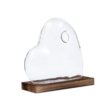 Imagem de XLWLLNJ Recipiente de terrário de vaso de vidro em forma de coração, estação de propagação moderna com base de madeira para decoração de escritório em casa