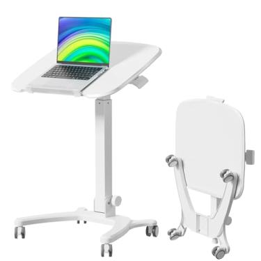 Imagem de JYLH JOYSEEKER Mesa móvel dobrável, mesa portátil para laptop de 68 cm x 53 cm com placa inclinável de 90°, mesa móvel ajustável em altura com rodas, mesa dobrável para escritório em casa, branca