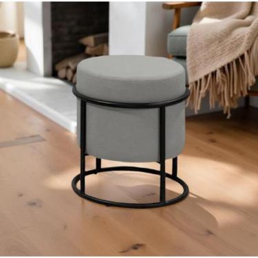 Imagem de Puff Banqueta Decorativo Redondo Base de Ferro Moscow Linho Cinza Escuro