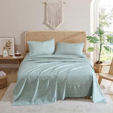 Imagem de Indigo Ink - Lençóis de cama Queen, peso médio com fronhas combinando, conjunto de cama floral boêmio, macio e resistente a rugas (coleção Jacobean Oasis, verde)