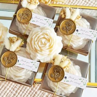 Imagem de Poranlem Velas de peônia lembrancinhas de festa com caixa de presente conjunto de 10 flores secas de cera de soja natural em forma floral e selo dourado, etiquetas de agradecimento, pacote de