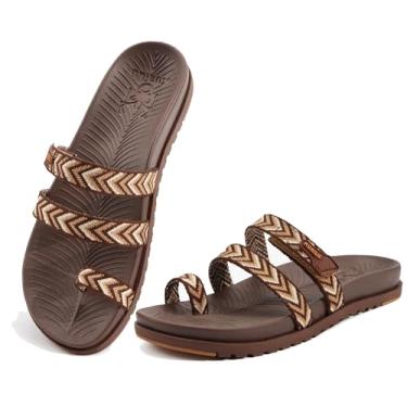 Imagem de KuaiLu Sandálias femininas deslizantes com fascite plantar suporte de arco moderno confortável sandálias planas ajustáveis femininas leves ortopédicas sem cadarço, Marrom elegante, 35