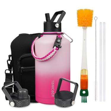 Imagem de YONICOER Garrafa de água isolada de 2,5 g, aço inoxidável a vácuo de parede tripla (pode ser lavada na lava-louças), à prova de vazamento e não BPA, jarro com alça de paracord e tampas de bico de