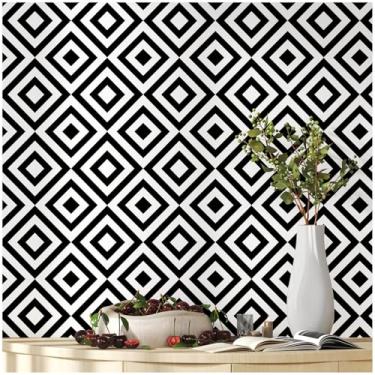 Imagem de Papel de parede moderno preto e branco descasque e cole 43 cm × 993 cm, papel de parede autoadesivo removível, papel de contato geométrico para armários, impermeável, losango, papel de parede