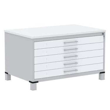Imagem de Mapoteca 5 Gavetas Pandin 120cm (larg) Inmetro Tampo Mdp Branco Estrutura Aço Cinza Gavetas Brancas