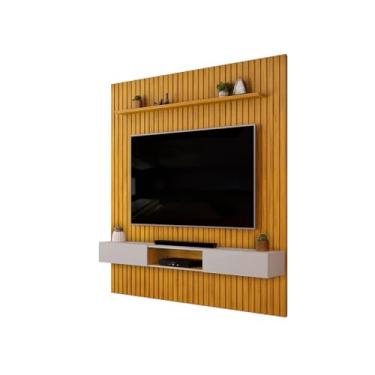Imagem de Painel Ripado Com Bancada Suspensa Para Tv Até 75 Sala Moderna Com Home Rack Prateleira Premium Decorativa 2,50x2,40m Cor Nature
