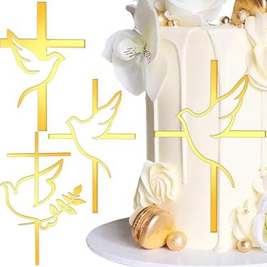 Imagem de MEMOVAN Cross Dove Cake Topper Peace Dove Mirror Acrylic Cupcake Cake Topper Baptism Cake Decorations First Communion Cake Toppers Religious Cake Toppers for Baby Shower Birthday Christian Party