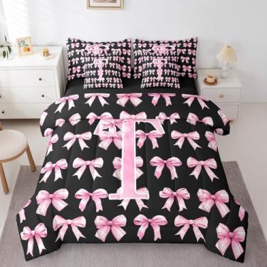 Imagem de Conjunto de cama solteiro Coquette Bow 7 peças, rosa e preto, com laço fofo em uma bolsa, letra T, laço estético, para presentes, alfabeto, T, conjunto de edredom com lençol para namorada/mãe/irmã (T)