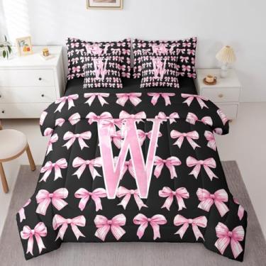 Imagem de Conjunto de edredom com laço rosa e preto, tamanho solteiro, coquete 3D, inicial W, 7 peças, para crianças, adolescentes, meninas, princesas, preppy, com laço, aquarela