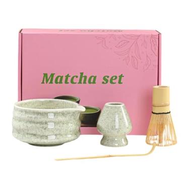 Imagem de SiaBiced Conjunto de tigela de cerâmica Matcha com bico para amantes de chá, elegante colher de bambu, kit completo de utensílios para cerimônia do chá para, Verde Cinza