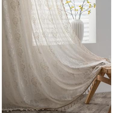 Imagem de Sutuo Home Cortinas transparentes Boho para quarto de bebê e cozinha, cortinas de renda boêmias de crochê bordadas artesanais borlas tricotadas vintage chique fazenda drapeado bolso para varão 1