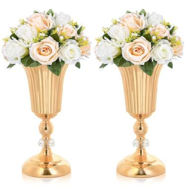 Imagem de Vaso de mesa com listras de trompete de metal de 29,5 cm para arranjos de flores artificiais para celebração de aniversário, casamento, festa, aniversário, evento, corredor, decoração de casa (ouro, 2