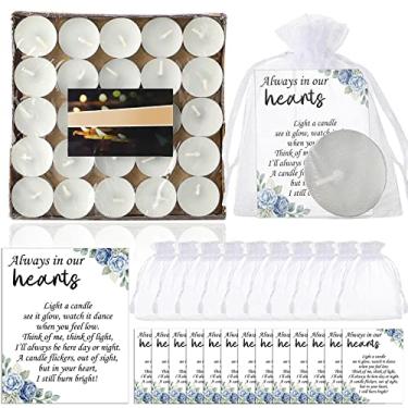 Imagem de Conjunto de 50 lembrancinhas de festa fúnebre velas brancas para presentes de funeral sem cheiro, velas tealight com cartões de luto de condolências e sacos de organza para decorações de celebração da