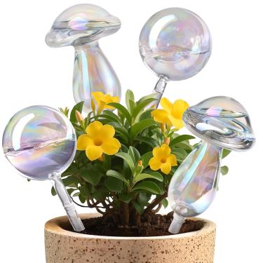 Imagem de ZhenD Globos e cogumelos iridescentes para plantas autoirrigáveis, inserção de vaso de vidro autoirrigável para interior e exterior, irrigador automático de plantas, vidro premium soprado à mão