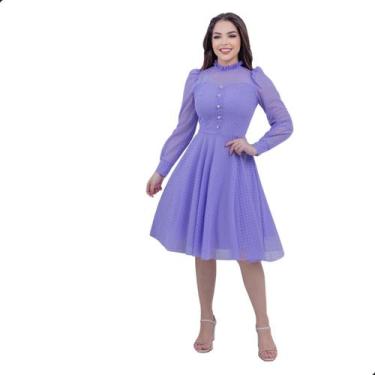 Imagem de Vestido Feminino Midi de Festa Social Rodado Mangas Longa Acinturado M