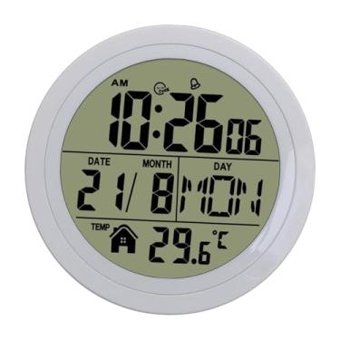 Imagem de MYCENSE Despertador digital de mesa de cabeceira, relógio com visor de temperatura, relógio de parede redondo, função para quarto, sala de estar, Branco