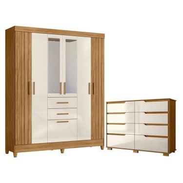 Imagem de Guarda Roupa Solteiro Malta com Espelho e Cômoda Georgia Freijó Off White - Moval