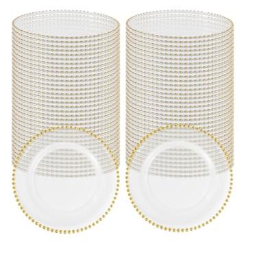 Imagem de FXKS 50 placas de carregamento redondas transparentes com borda de contas, placa de acrílico de plástico de 33 cm, pratos decorativos de jantar com contas redondas de plástico para eventos de festa de