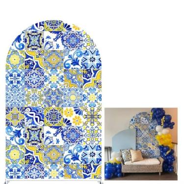 Imagem de KONPON Capa de fundo de mosaico de retalhos para decoração de festas de porcelana com suporte arqueado, fundo elástico, banquete, banquete, banquete, banner
