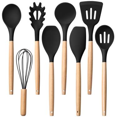 Imagem de Herogo Conjunto de 8 utensílios de cozinha, conjunto de utensílios de cozinha de silicone antiaderente resistente ao calor, com cabo de madeira, espátula de silicone de grau alimentício, espátula,