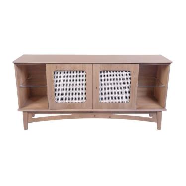 Imagem de Rack Para Tv De Madeira 2 Portas Em Rattan E 2 Prateleiras De Vidro - Avelã
