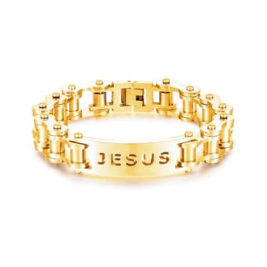 Imagem de LAFATINA Pulseiras de corrente de bicicleta para homens Jesus Cristo Dia dos Pais Aço Inoxidável Pulseira Longa Motociclista Masculina, 22,6 cm, Aço inoxidável, Sem Pedra Preciosa