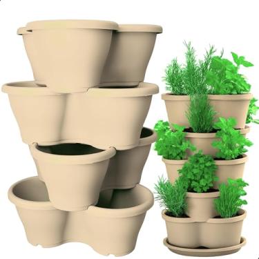 Imagem de Kit 4 Vaso Treviso Cinza Empilhável Jardim Vertical 11L Borda Anti Formiga para Plantas Ornamentais, Hortas, Frutas, Temperos, Suculentas e Flores