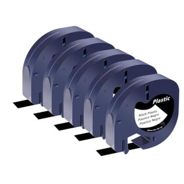 Imagem de USUPERINK Pacote com 5 fitas LT compatíveis com refis de máquina de etiquetas Dymo 913318 fita adesiva de plástico branco sobre preto 12 mm x 4 m (1/5.1 cm x 13') para refis Dymo LT 200B LT100H LT100T