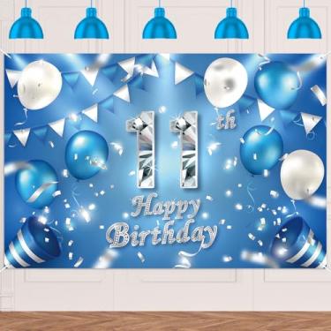 Imagem de Happy 11th Birthday Banner Decorações de Fundo Balões de Cristal Tema Decoração para Meninos ou Meninas Cheers to 11 Anos Lembranças de Festa Suprimentos Azul Prata