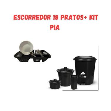 Imagem de Kit Organizador Cozinha: Escorredor, Lixeira 12 L, Suporte Esponja + D