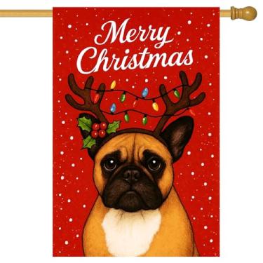 Imagem de BlissYard Feliz Natal bandeira de jardim buldogue francês chifres de rena luzes de Natal 71 x 101 cm faixas de quintal dupla face para amantes de cães varanda casa ao ar livre férias inverno decoração