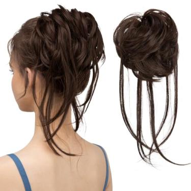 Imagem de CJL HAIR Extensões de coque bagunçado de cabelo cacheado com caudas retas cabelo sintético scrunchies rabo de cavalo para mulheres chocolate amargo