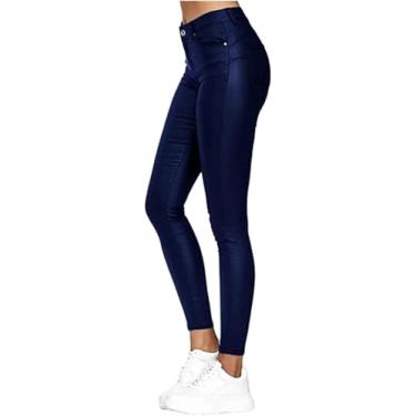 Imagem de Calças Femininas De Couro Sintético Com Aparência De Couro Jeans Femininos Biker Stretch Revestido, Blue, L