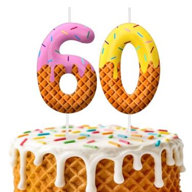 Imagem de Velas de aniversário de sorvete, decoração de topo de bolo de 6 cm, número 60 velas, decorações de aniversário, decorações de bolo de festa de aniversário, suprimentos de festa