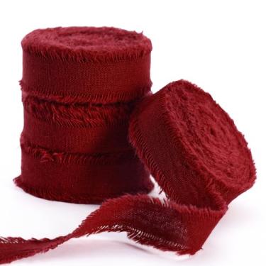 Imagem de FAKILO Fita de algodão rústico natural com borda desgastada, fita 100% algodão vermelho vinho 5/20.3 cm x 24yds para buquês de casamento vintage, convites, chá de bebê, embrulho de presente