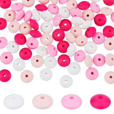 Imagem de DICOSMETIC 80 peças de contas soltas de silicone de lentilha 4 cores de abaco a granel 11,5 x 7 mm, contas espaçadoras de silicone soltas para fabricação de joias, série rosa