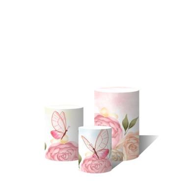 Imagem de Trio Capas Para Cilindro Versátil Jardim Flores Borboletas Céu Aquarel