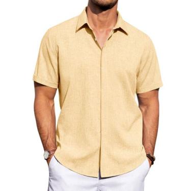 Imagem de Camisa masculina J.VER de linho e algodão, manga curta, amarela, taman