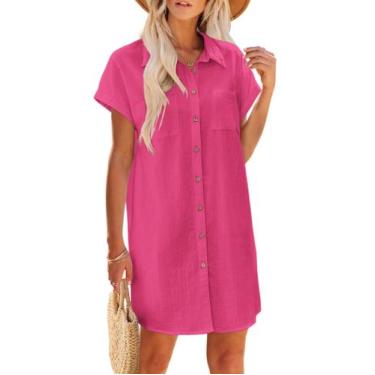 Imagem de Vestido Zeagoo Camisa de linho Vestido com decote em V de manga curta 